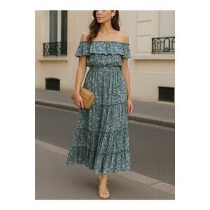 Fresha London Strapless Tiered Ruffle Maxi Leaf Palm Print Dress XS